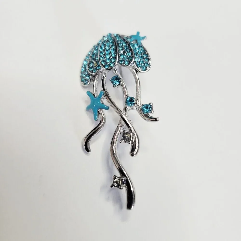 NWT Jellyfish Brooch Aqua Blue Silver Color With Starfish And Rhinestones - S
